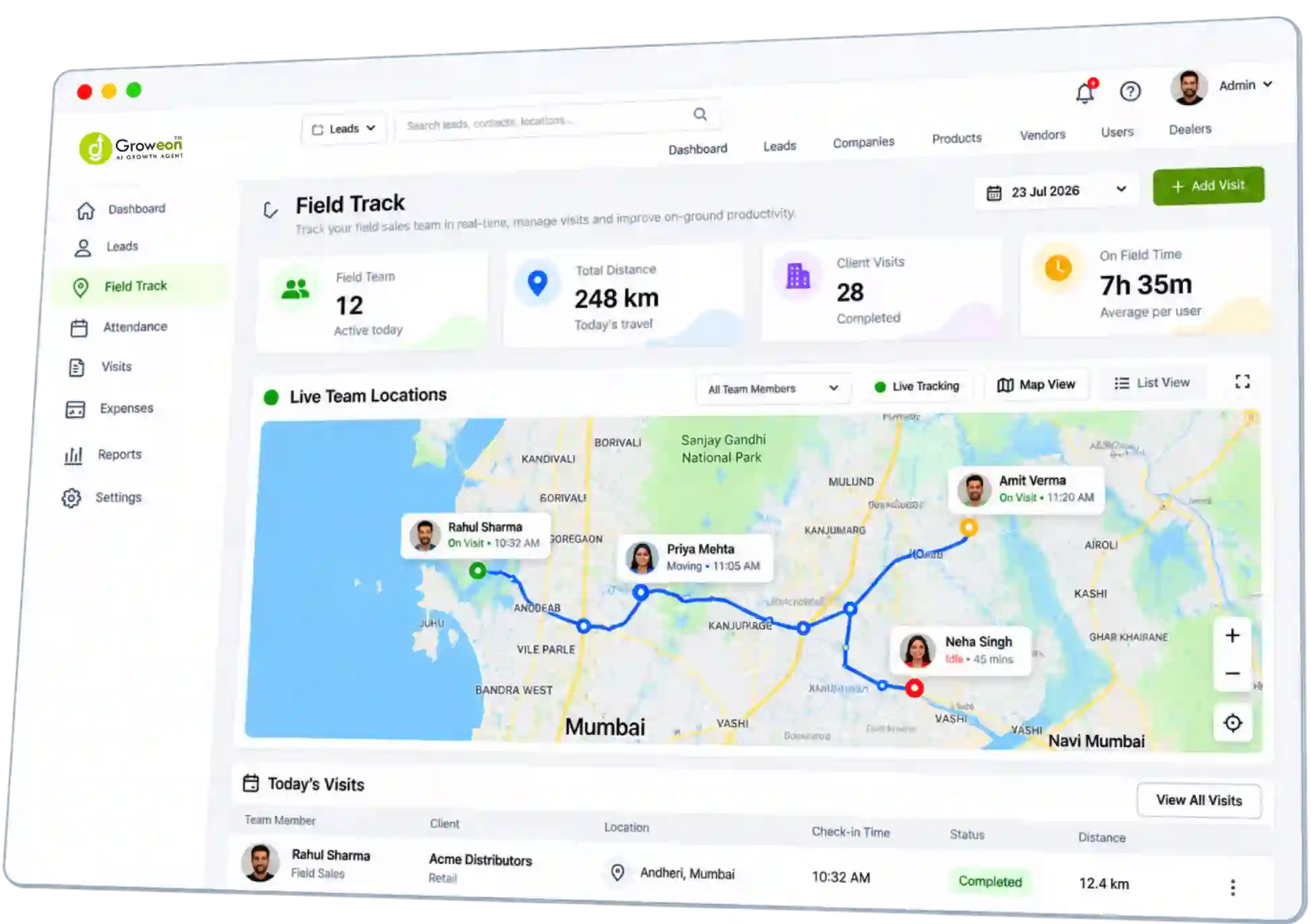 Groweon field activity dashboard with live location map